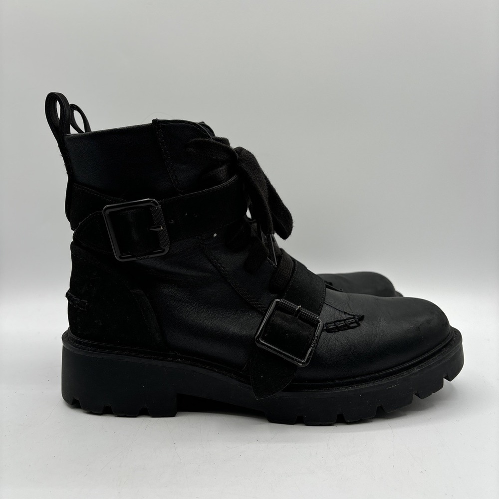 UGG Noe Combat Boots Women's Size 8.5 Black Moto Biker Chunky Leather 1104731 - Picture 4 of 12
